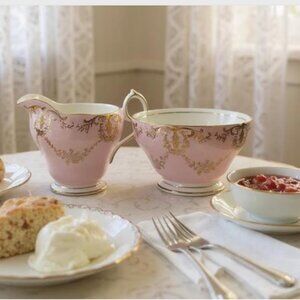 Vintage Queen Anne Pink Golden Scrolling Creamer and Sugar Bowl